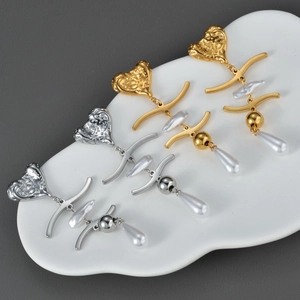 Heart Tassel Drop Earrings Stainless Steel Hammered Lava Texture Teardrop Faux Artificial Pearl Elegant Jewelry For Women