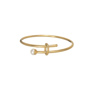 Minimalist gold adjustable stainless steel bangle with white pearl and interlaced rings