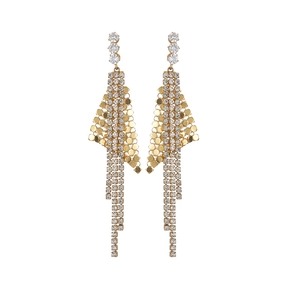 Boucles d'oreilles pendantes géométriques dorées avec strass blancs et longues franges