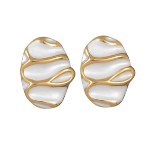 Irregular striped texture earrings in gold and white finish with oval minimalist design