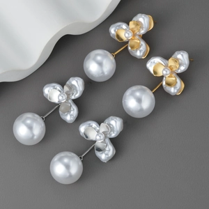 Boucles D'oreilles Pendantes Fleurs Et Grandes Künstliche Perles En Acier Inoxydable Bijoux Style Français Pour Femmes