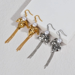 Elegant geometric scale pearl tassel earrings in gold and silver stainless steel design