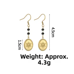 Detail of 14K gold plated earrings with black beads and oval floral sun pendants