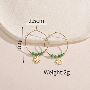14k gold plated sunflower hoop earrings with green faceted beads for women