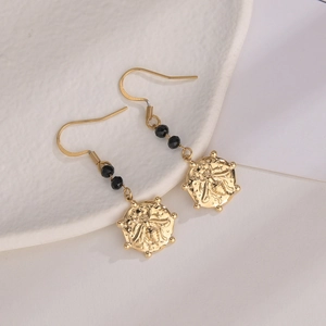 14K gold plated stainless steel drop earrings featuring black beads and bee coin pendants