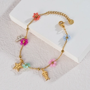 Bracelet en acier inoxydable plaqué or 18k avec fleurs colorées et pendentifs étoiles