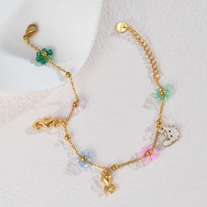 Bracelet en acier inoxydable plaqué or 18k avec breloques marines et perles colorées