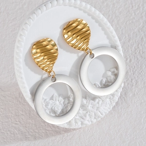 Minimalist geometric round drop earrings with gold and silver two-tone metallic finish