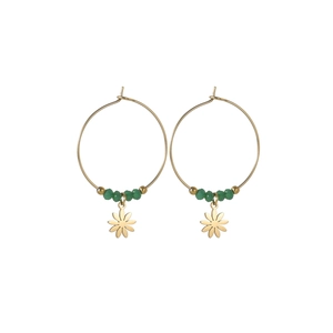 14k gold sun flower bead earrings with dark green faceted stones and hoop design
