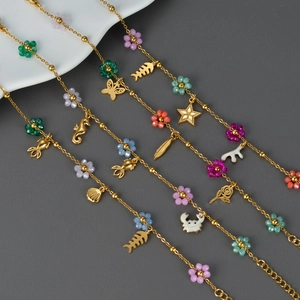 Bracelet À Breloques Fleurs Colorées Acier Inoxydable Plaqué Or 18K Bohème Animaux Marins Étoile Coquillage Bijoux Pour Femmes