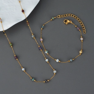 Colorful Beaded Necklace And Bracelet Stainless Steel 18K Gold Plated Bohemian Minimalist Fashion For Women Girls