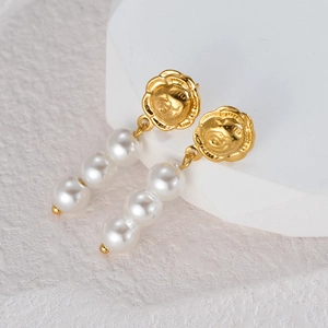Baroque pearl dangle earrings with golden rose studs for women in a vintage elegant style