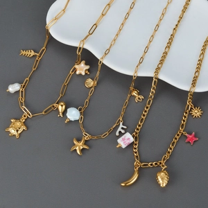 Collier Acier Inoxydable Plaqué Or Femme Perles Céramique Pendentifs Océan Tortue Étoile Mer Bijoux Été