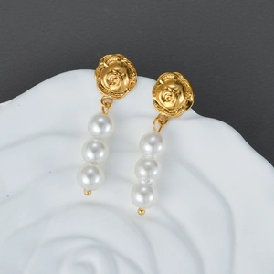 Vintage French Rose Flower Dangle Earrings For Women Stainless Steel With Triple Artificial Pearl Tassel Elegant Accessories