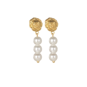 Elegant gold rose stud earrings with triple hanging white pearls for a vintage look