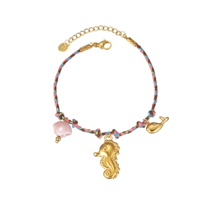 Three-color woven cord bracelet with gold seahorse, whale and shell charms