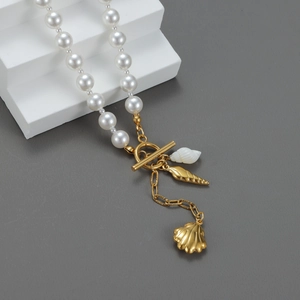 Elegant Artificial Pearl Necklace With Stainless Steel Shell Conch Pendants And Gold OT Buckle Marine Style Jewelry For Women