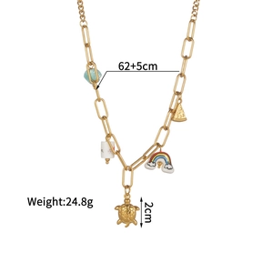Detail of 18K gold paperclip chain necklace with turtle and ceramic beads, 62+5cm length
