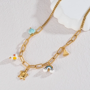 18K gold plated necklace with colorful ceramic beads and whimsical sea turtle charms