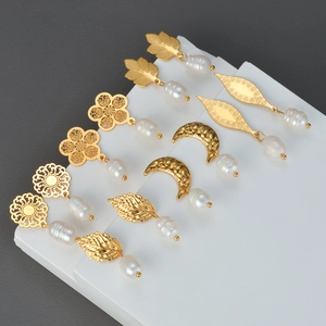 Stainless Steel Artificial Baroque Pearl Drop Earrings Vintage Gold Plated Leaf Moon Flower Elegant Jewelry For Women