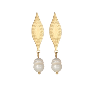 Elegant gold leaf-shaped earrings with textured etching and white baroque pearl drops