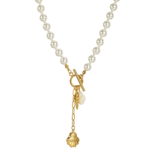 Elegant pearl necklace with golden shell pendants and shell-shaped toggle clasp detail