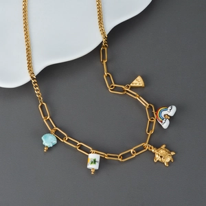 Bohemian Summer 18K Gold Plated Stainless Steel Ceramic Charm Necklace For Women Sea Turtle Shell Rainbow Pendant Jewelry