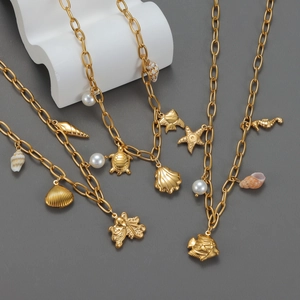 Collier Thème Océan En Acier Inoxydable Plaqué Or Étoile De Mer Tortue Coquille Künstliche Perle Bijoux Pour Femmes Plage Été