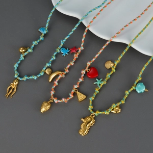 Collier En Corde Colorée Tissé À La Main Avec Pendentifs Sur Le Thème De L'Océan En Acier Inoxydable Bijoux Vacances