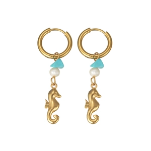 Boucles d'oreilles hippocampe en acier doré 18k avec turquoise et perle