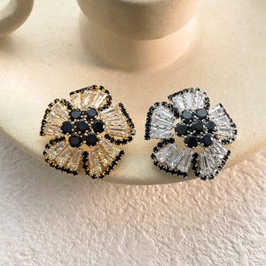 Vintage Flower Earrings With Copper Earring Post 18K Gold Plated Baguette Cut Zirconia Elegant Fashion Jewelry For Women