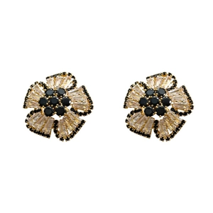 Elegant 3D flower stud earrings with gold plating, clear crystals and black accents