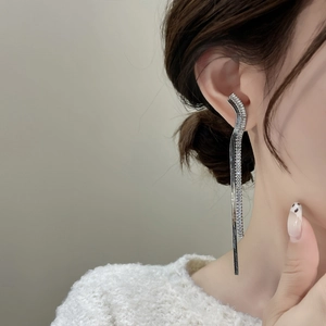 Close-up of long multi-layer tassel earrings with sparkling rhinestones and snake chains