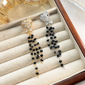 Heart Long Tassel Drop Earrings With Bowknot Black Beads Zircon Rhinestone Copper Earring Post Jewelry For Women