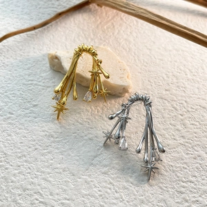 Thorn Branch Stud Earrings 18K Gold Plated Copper With Zircon Star Teardrop Pendant Liquid Metal Style For Women