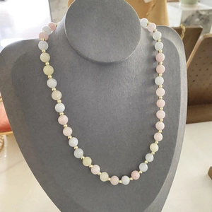 Elegant beaded necklace with pink, white, and yellow natural stones and gold spacers