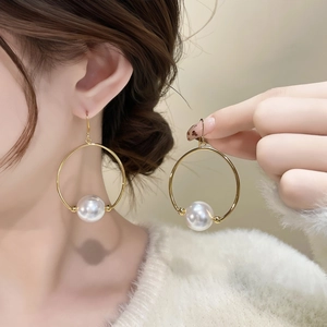 Elegant 18K gold plated pearl hoop drop earrings for women with minimalist hook design