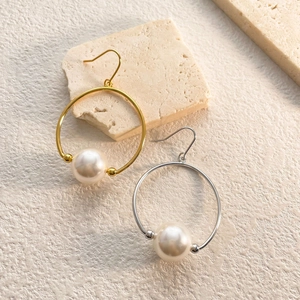 Artificial Pearl Hoop Drop Earrings Copper Large Circle Round White Faux Artificial Pearl 18K Gold Plated Elegant Retro Fashion For Women
