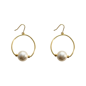 Minimalist 18K gold plated hoop earrings with large white round pearls on white background