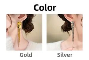 Side view of elegant gold and silver long metal tassel earrings on models