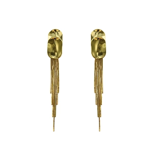 Elegant gold long tassel dangle earrings with geometric curved tops and metal chains