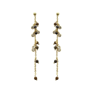 Elegant long tassel earrings with tiger eye beads and zircon in gold-plated alloy