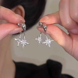 Elegant silver eight-point star drop earrings with sparkling cubic zirconia crystals