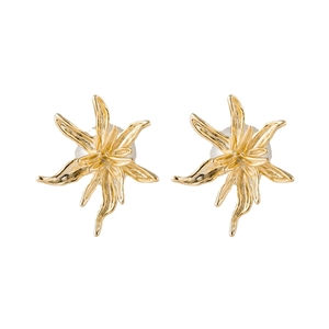 Exaggerated golden metallic flower stud earrings with a 3D radial petal texture
