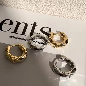 Chunky Hoop Earrings 14K Gold Plated Copper Irregular Molten Lava Texture Rectangle Crystal Geometric Minimalist Jewelry For Women