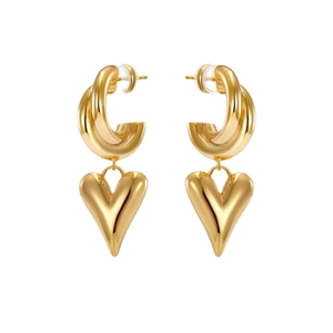 Boucles d'oreilles créoles dorées en forme de cœur rétro avec pendentif bombé