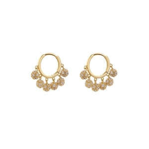 French minimalist gold hoop earrings with five sparkling rhinestone ball tassels