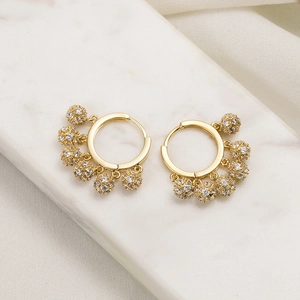 French style gold hoop earrings with five sparkling rhinestone globes for women