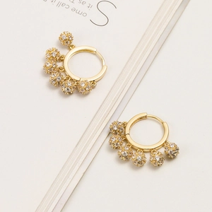 18K Gold Plated Brass Hoop Earrings With Micro Pave Zircon Ball Pendants Tassel French Style For Women