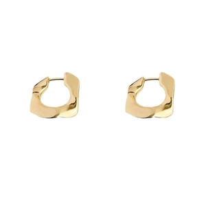 Minimalist gold geometric hoop earrings with textured twisted metal surface for women